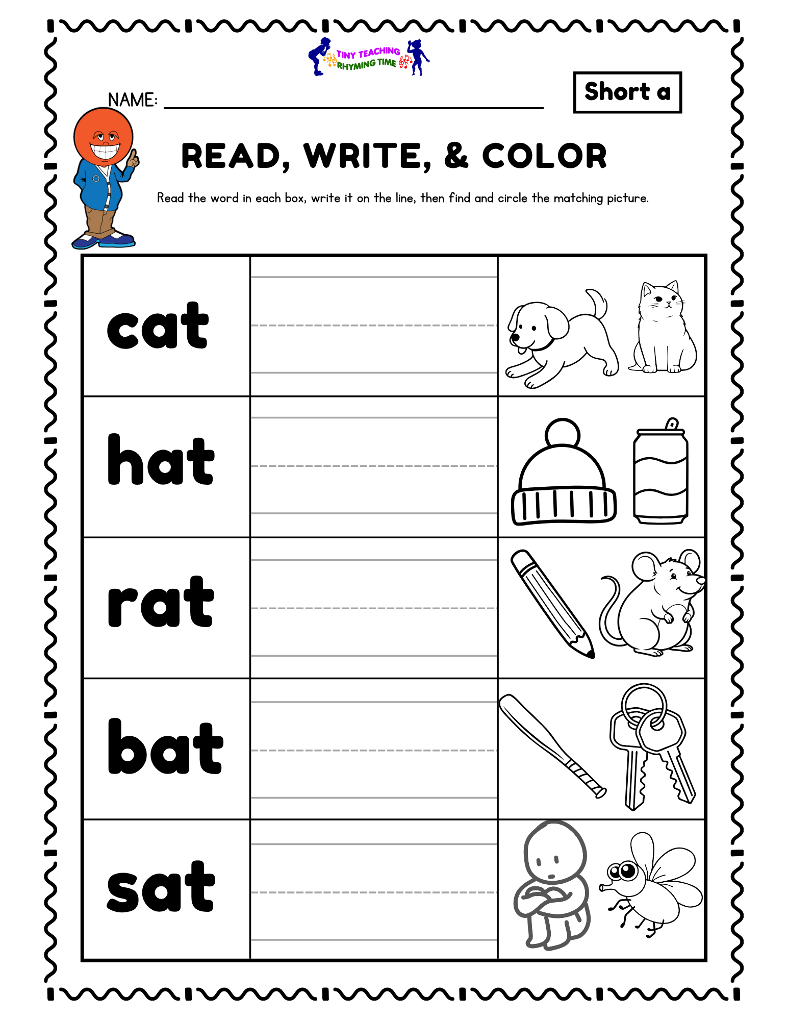 CAT, HAT Rhyme Words worksheet Rhyming At sound like Cat and Hat